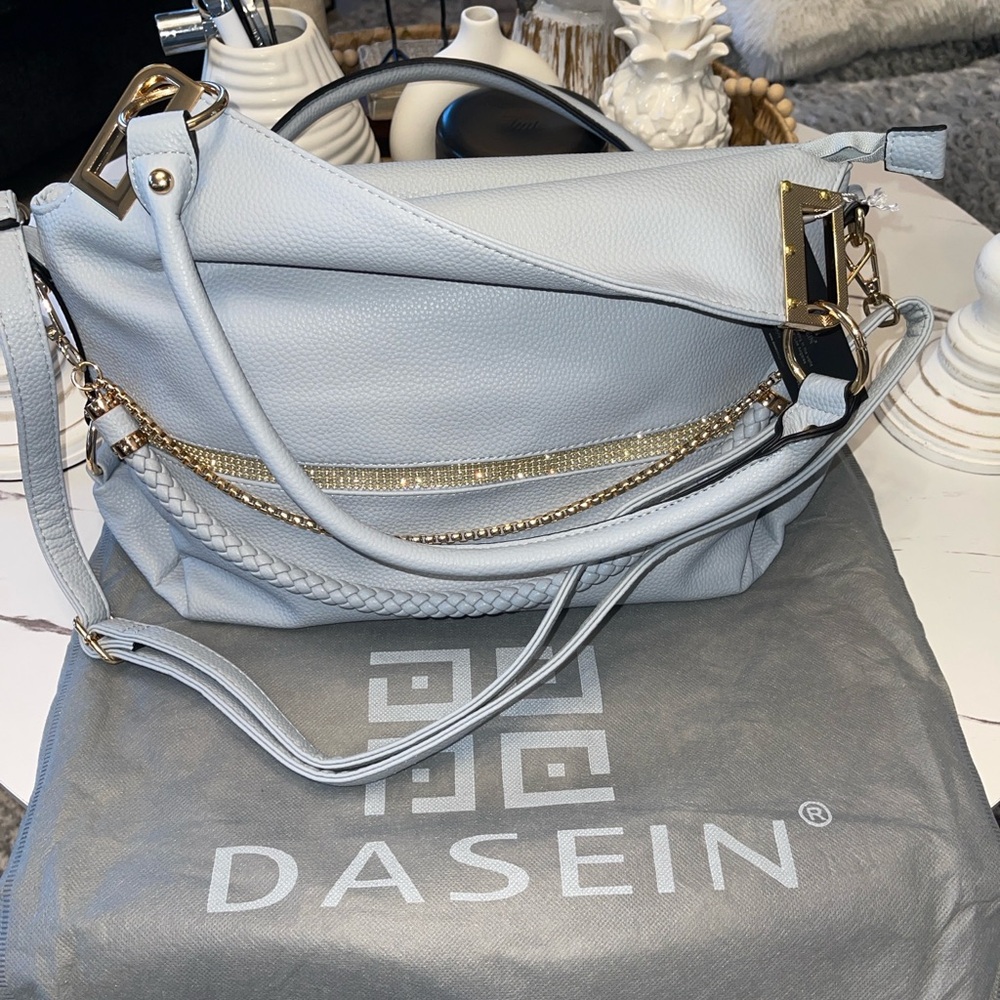 Stylish Light Blue Handbag with Gold Accents - Picture 2 of 15